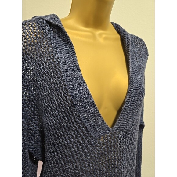 Blue Open Knit Hooded Sweater V Neck Womens Chicos 3 XXL Stretch Coastal Crochet - Picture 2 of 7
